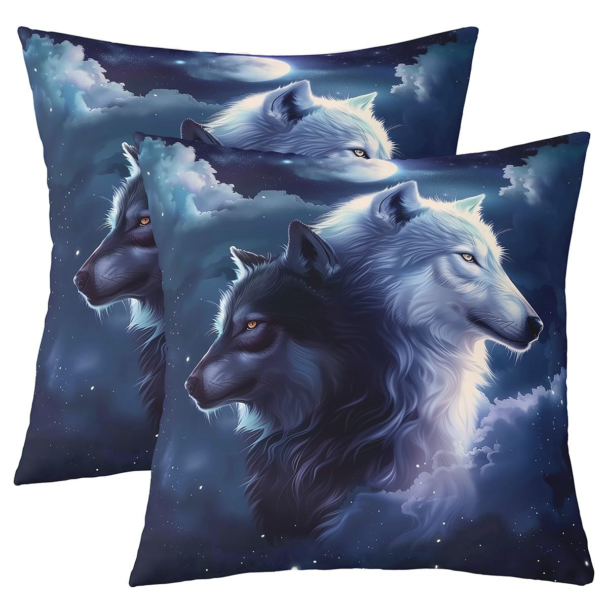 ManfeiWolf Couples Double Sides Print Pillow Covers for Couch,Black White Wolves Nature Wild Animal Throw Pillow Case Covers,Starry Sky Moon Clouds Dreamy Glitter 20"x 20" Cushion Covers,Pack of 2
