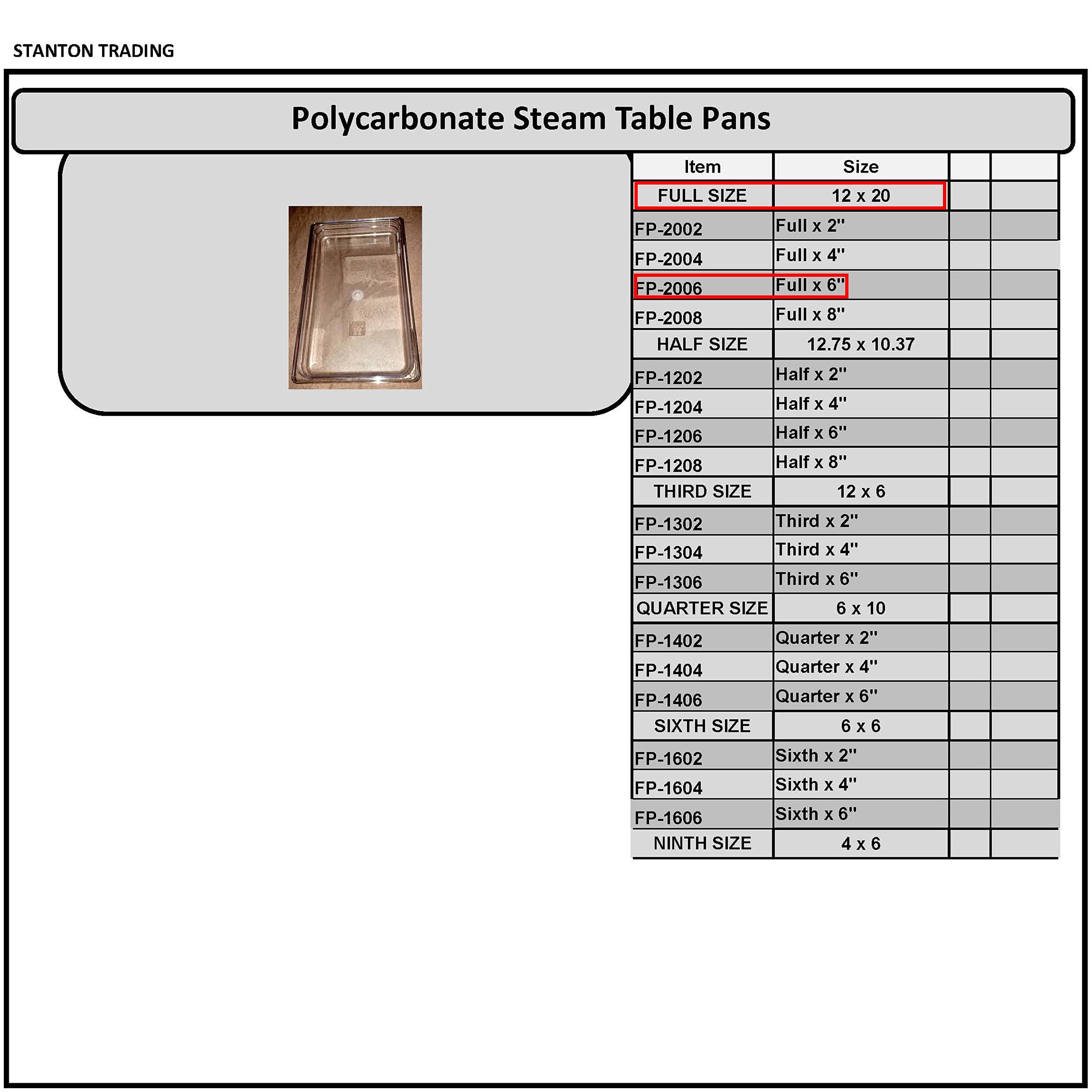 Stanton Trading FP-2006 Polycarbonate Food Pan Full Size x 6 Inch High
