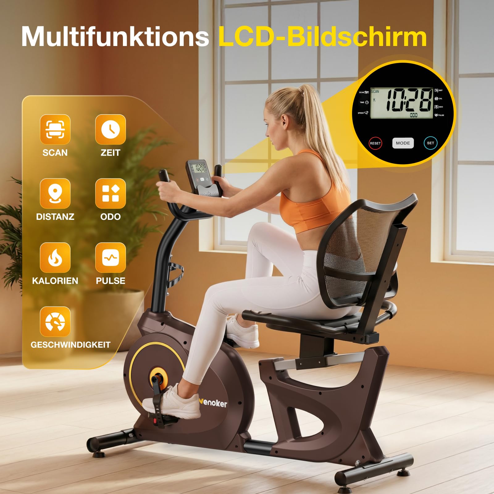 Ergometer Liege- Heimtrainer mit Magnetbremse, Pulssensoren und LCD-Display, 15 Widerstandsstufen, Sitzergometer mit Rückenlehne für Senioren Durable Build with Multiple Settings