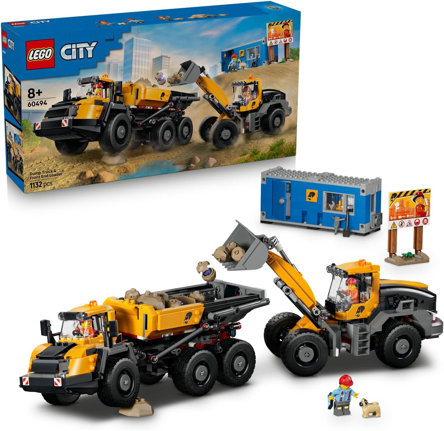 LEGO City Damperli Kamyon ve Ön Yükleyici 60494-8 Yaş ve Üzeri Kız ve Erkek Çocuklar için 3 Minifigür ve Pug Cinsi Köpek İçeren Yaratıcı Oyuncak Yapım Seti, Doğum Günü Hediyesi Fikri (1132 Parça)