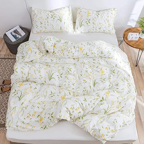 Tospass Baumwolle Bettwäsche Set 220x240cm 3teilig Weiß Grün Gelb Blumen Floral Wende Bettwäsche Blumenmuster Mädchen Elegant Bettbezug mit Reißverschluss und 2 Kissenbezug 80x80cm