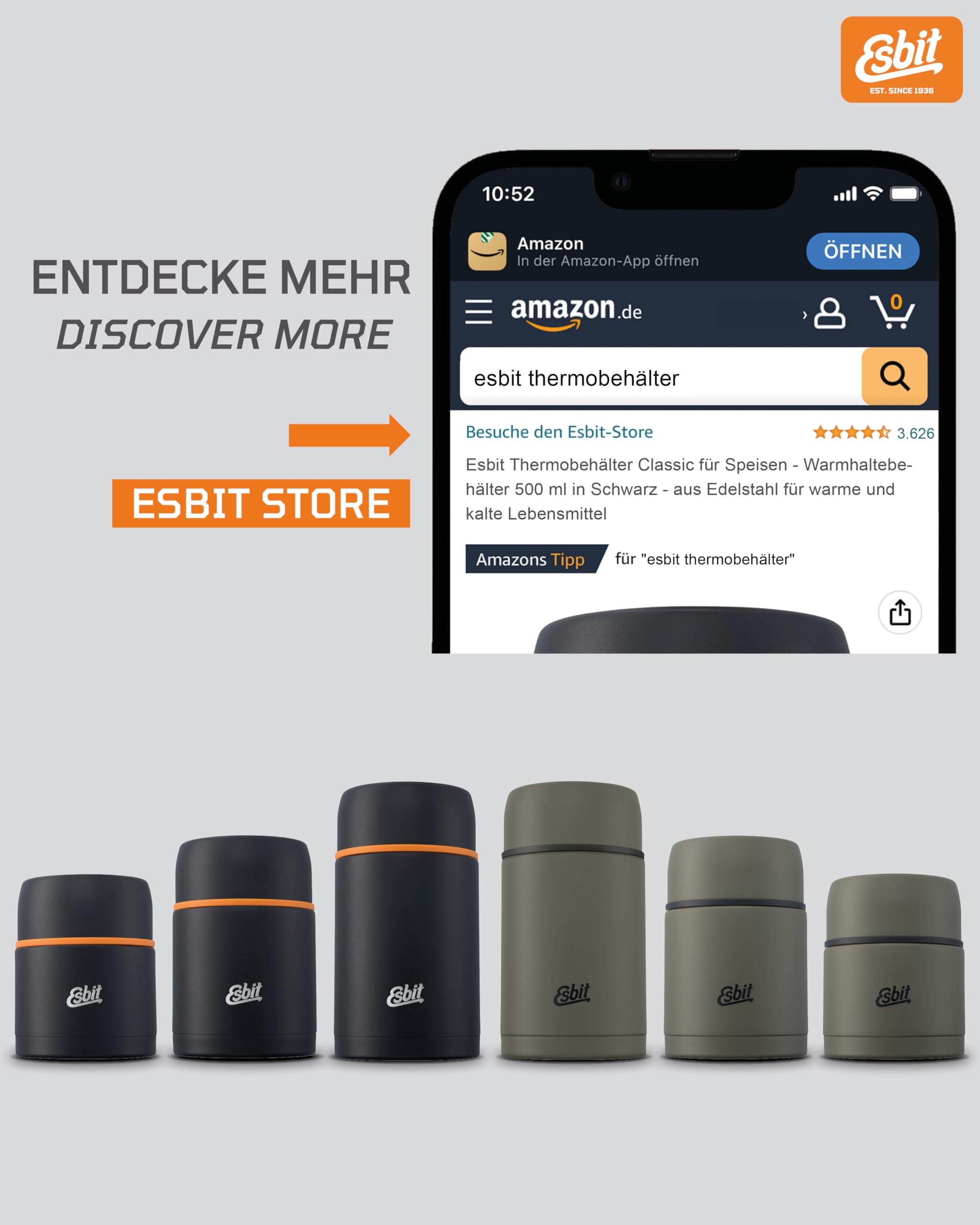 Esbit Contenitore termico classico, per alimenti, 750 ml, nero, in acciaio inox, per alimenti caldi e freddi