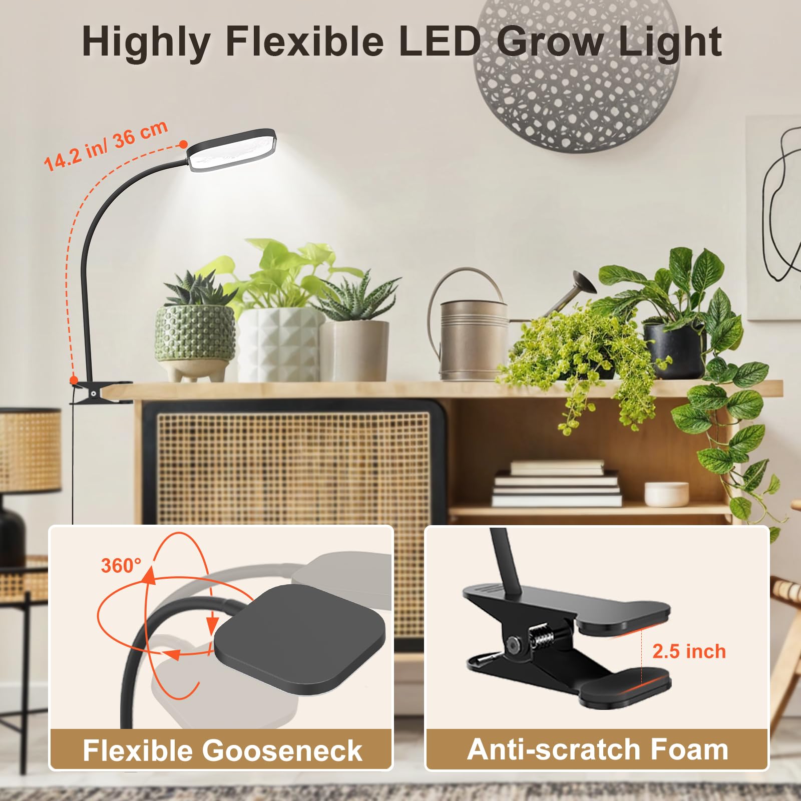 Mojimdo 24W 336 LED Full Spectrum Grow Lamp, 5 poziomów jasności, automatyczny timer, wodoodporna i elastyczna do uprawy roślin w pomieszczeniach, hydroponika (w zestawie adapter)