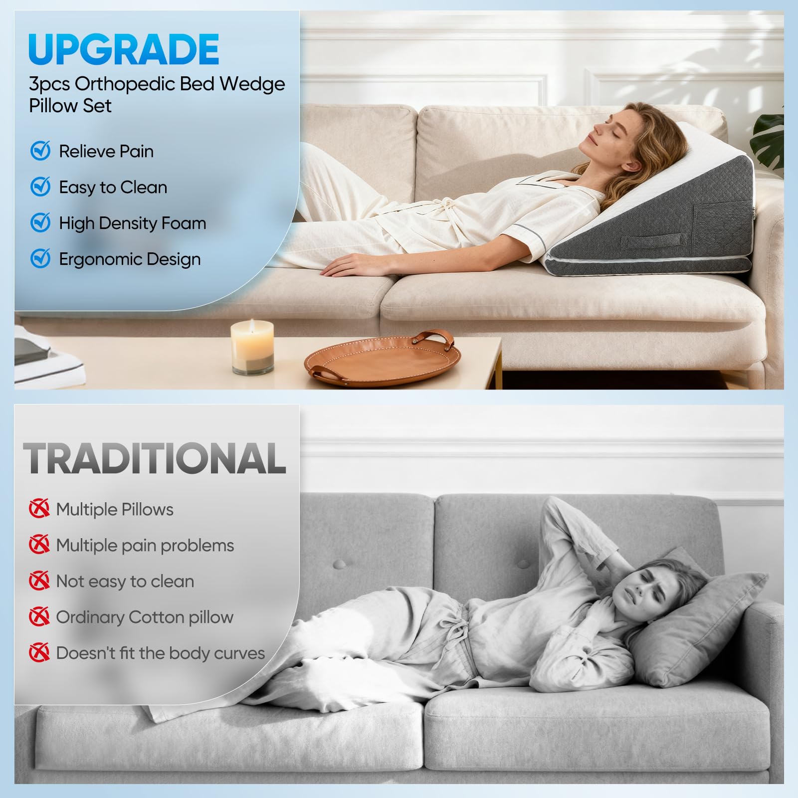 Cuscino a cuneo per letto e divano con memory foam, 50x50x26 cm - Cuscino per dormire regolabile in altezza, cuscino da lettura per divano/letto, cuscino per seduta e gambe, fodera lavabile