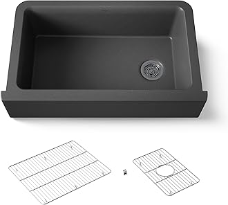 KOHLER K-25786-CM7 Cairn 34" Undermount Single-Bowl Farmhouse Kitchen Sink, Neoroc Composite Kitchen Sink with Sink Rack and Towel Hook, Matte Graphite