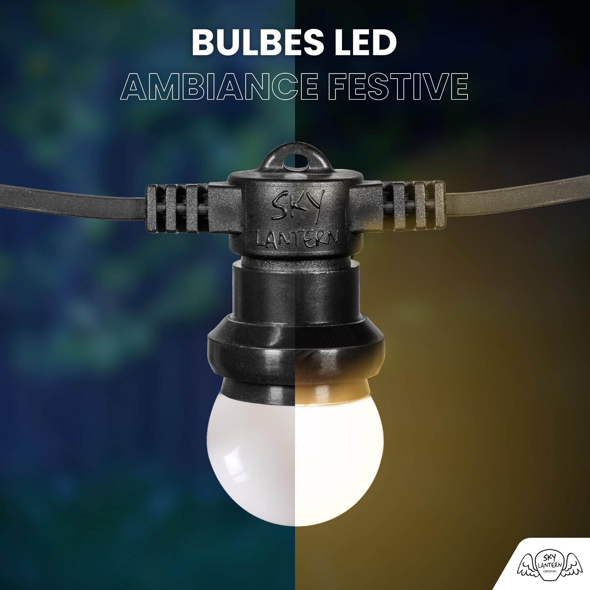SKYLANTERN Guirnalda Luces Exterior 20M 60 Bombillas LED E27 Blanco Cálido 2800K IP65 Impermeable Bulbos Redondos Para Jardín Terraza Bodas