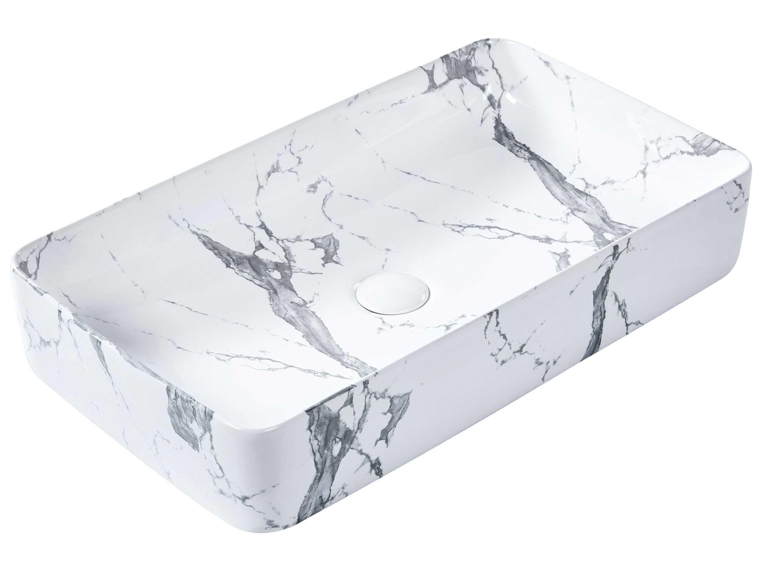 Lavabo Moderne en Céramique Effet Marbre 62 x 35 cm Forme Rectangulaire Blanc Ipala