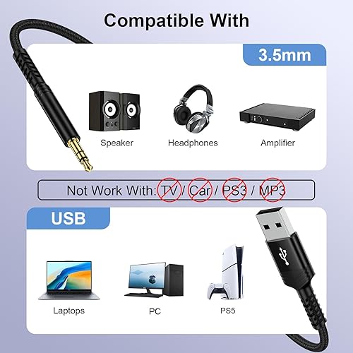 Miniatura 6 de Cable auxiliar de audio USB a 0.138 in, adaptador USB macho a conector macho AUX TRS cable de audio trenzado estéreo para auriculares, altavoces,