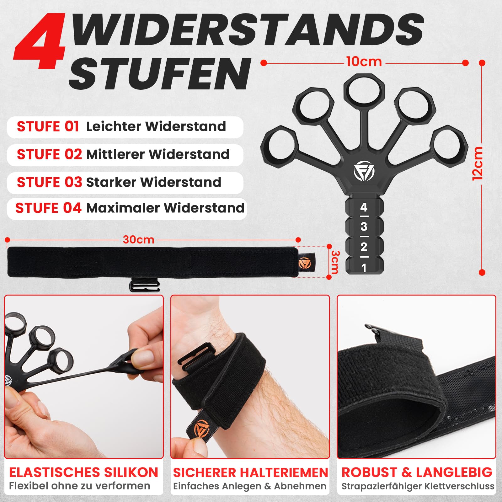 FUNFLEX Handtrainer Fingertrainer, Verstellbares Griffkraft Trainer Set -5-Teilig- Unterarmtrainer, Fingerstrecker Neopren Handgelenk Band - Finger Grifftrainer - Grip Ring, Hand & Unterarm Training