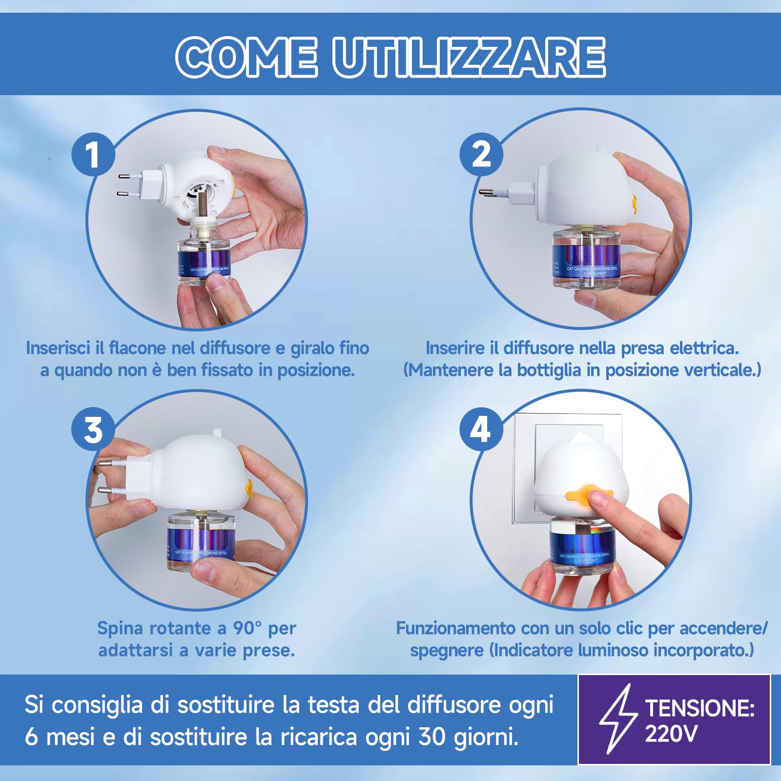 VICSOM Kit Diffusore Feromoni per Gatti 6 in 1, 120 Giorni Calmante per Gatti, Feromoni Gatto Diffusore per Un Rilassamento Duraturo, Sollievo da Ansia e Stress(2 Diffusore + 4x48ml Ricariche)