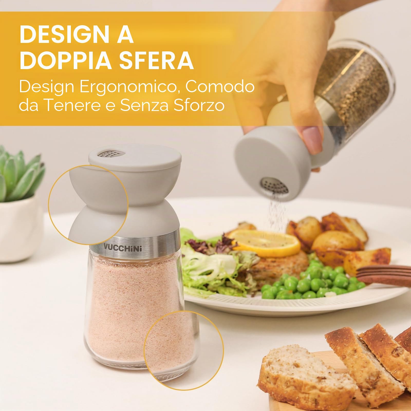 Vucchini Set di Saliera e Pepiera,3 Modalità,Completamente Rimovibile,Lavabile in Lavastoviglie,Grigio