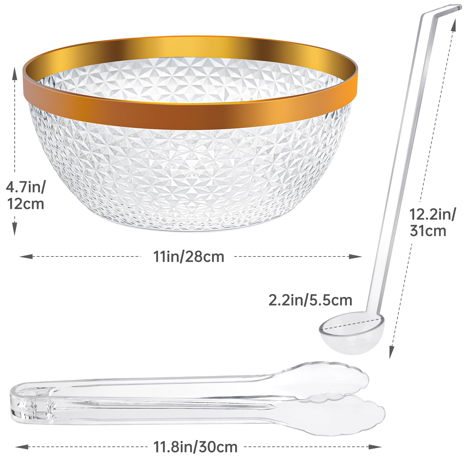 NiHome Vaso trasparente con bordo dorato, 5 l, con mestolo e pinza, ideale per insalate, snack e bevande, perfetto per feste, matrimoni e barbecue