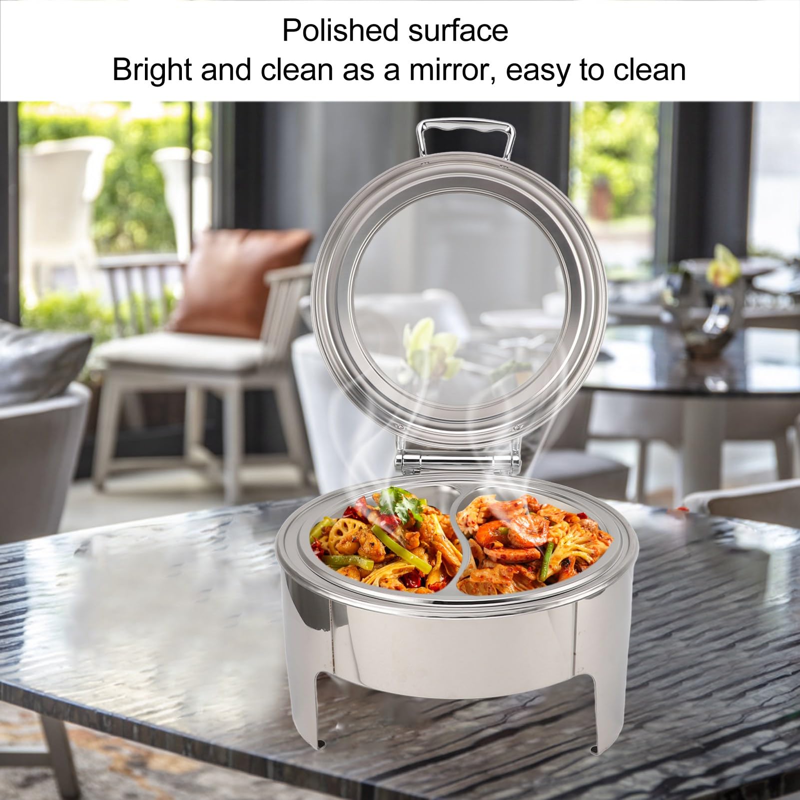 lyrlody Plato Redondo de Acero Inoxidable de 6 Litros, Servidor de Buffet con Tapa de Vidrio Visible, Calentador de Alcohol, Tapa Abatible de 90°, Sartén Profunda, Acabado Espejo para Buffet,