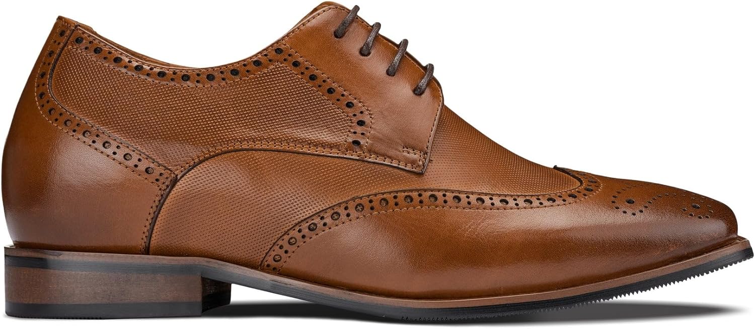 CALTO Men's Invisible Height Increasing Elevator Shoes - Brown Premium Leather Wing-tip Lace-up Formal Oxfords - 3 Inches Taller - Y10652 - Size 9 D(M) US - Image 3