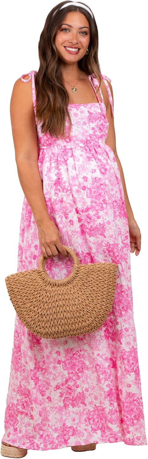 PinkBlush Leaf Print Sleeveless Open Back Smocked Maternity Maxi Dress