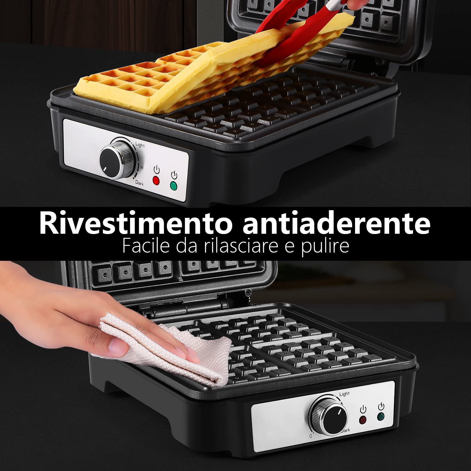 YASHE Piastra per Waffle, Macchina per Waffle Quadrata 4 Fette, 5 Manopole di Doratura, Luci Indicatori, Antisversamento, Rivestimento Antiaderente, 1200W, Argento/Nero