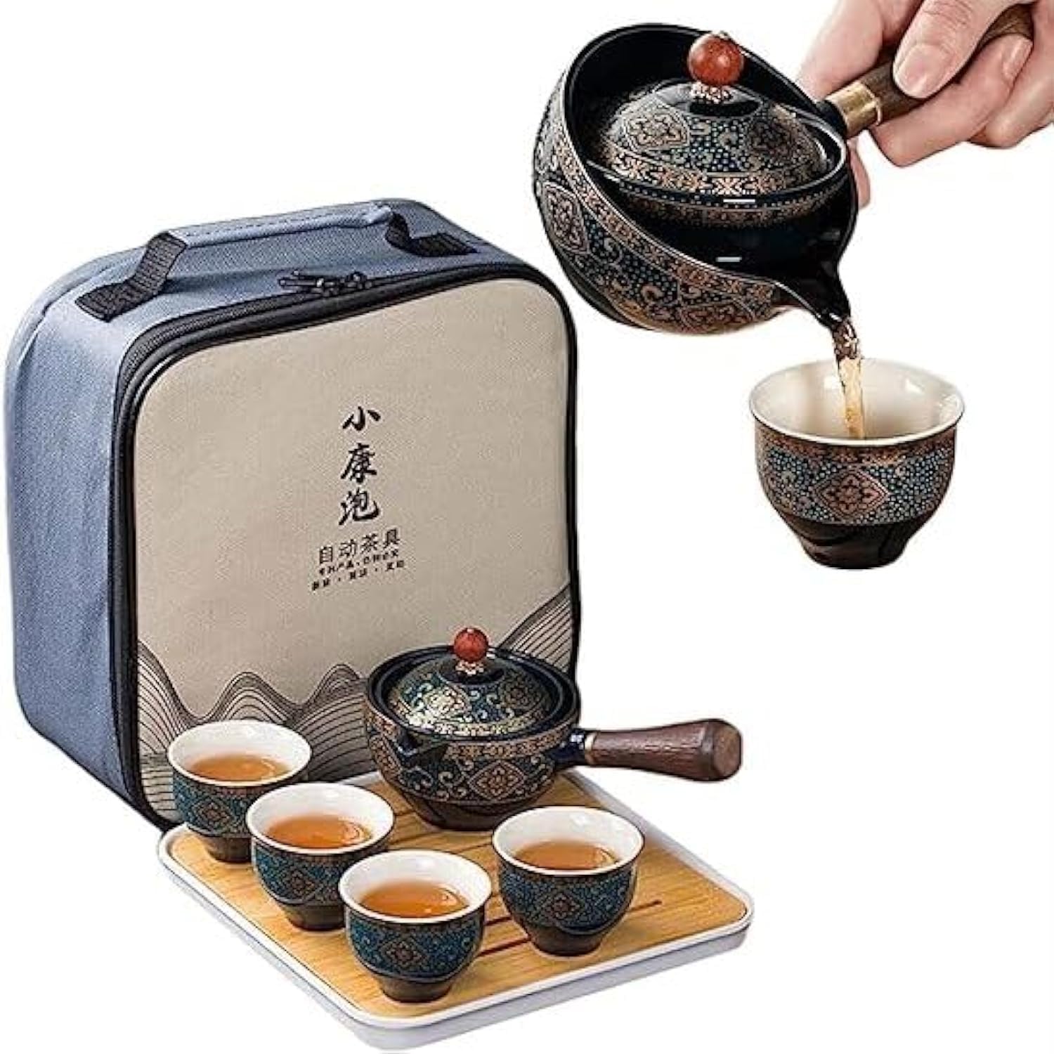 Travel Tea Set Portable Chinese Kung Fu Teapot with 360° Rotation, Chinese Ceramic Tea Pot Cup Set with Tray, Porcelain Mini Tea Pot Set, All in One Storage Bag for Travel Home Gifting Outdoor Office
