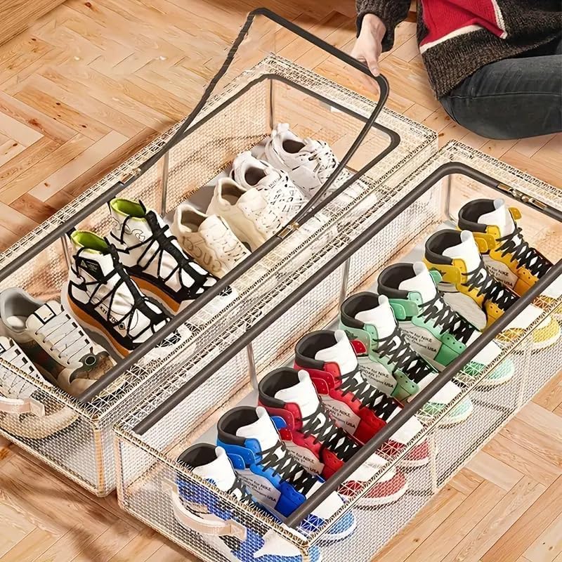 Image of ZEVON Shoe Storage Organizer Set of 2 - Durable Transparent PVC material with Steel Frame, Stackable and Foldable, fit Underbed, Space Saving Design, Top & Side Access
