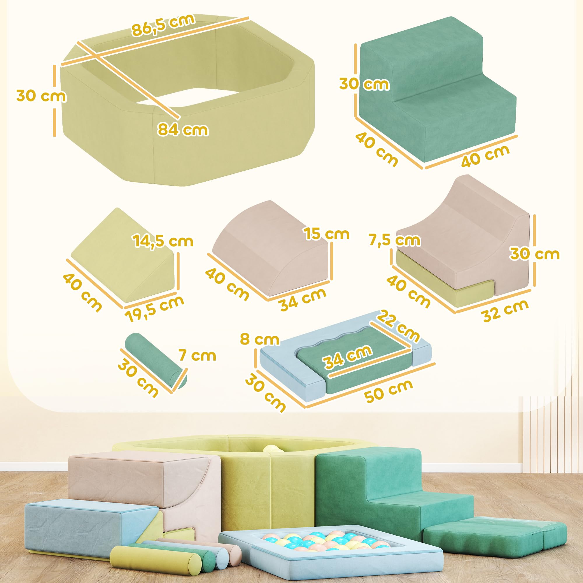 AIYAPLAY Schaumstoff Bausteine Kinder 15er-Set mit Bällepool und 200 Bällen, Riesenbausteine Klettern, Großbausteine in Cord-Optik, Bauklötze Spielbausteine, Mehrfarbig