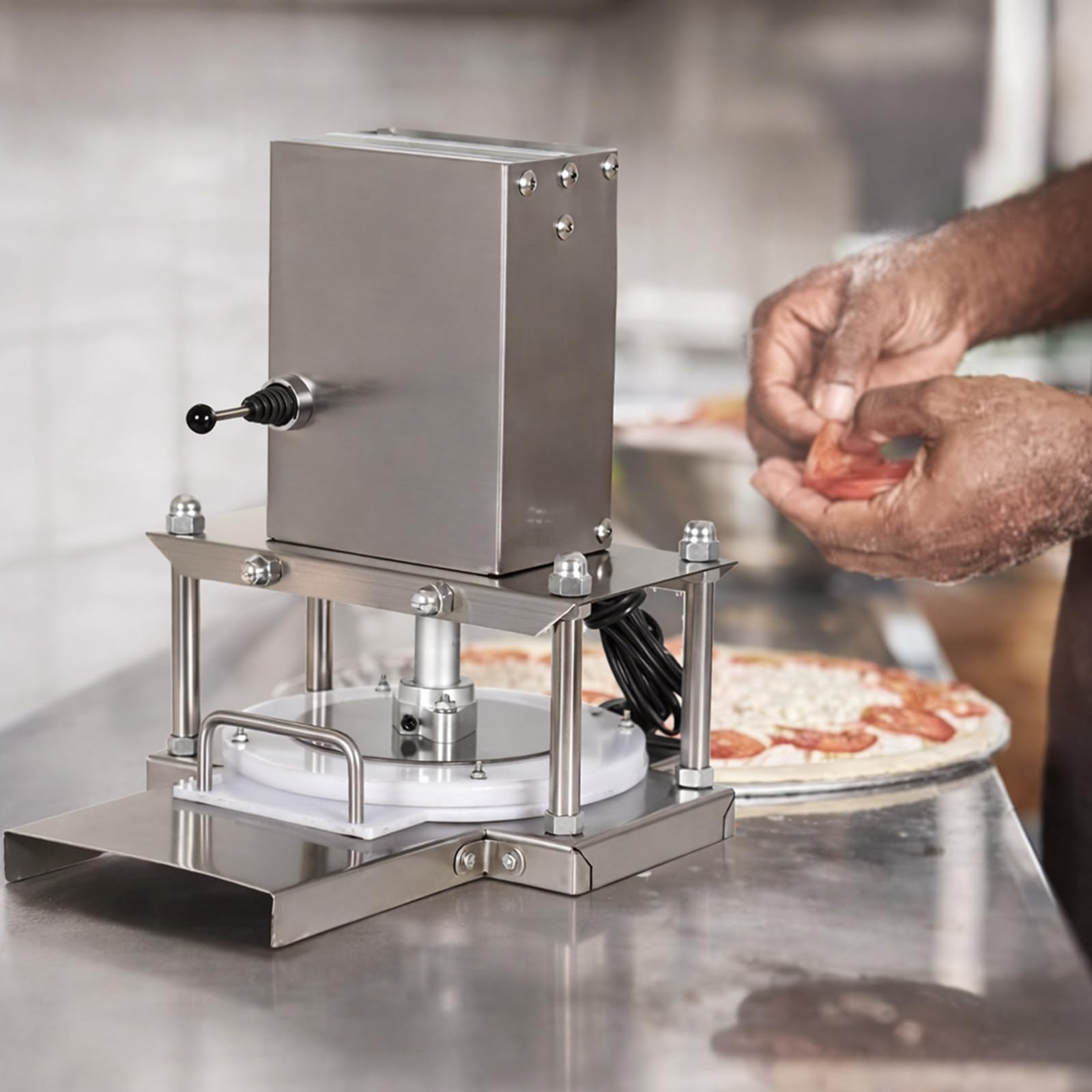 Pressa Impasto Elettrica 8.6 Pollici, Fino a 400 Pezzi/Ora, Macchina Pizza in Acciaio Inox con Spessore Regolabile per Pizzeria e Cucina Professionale