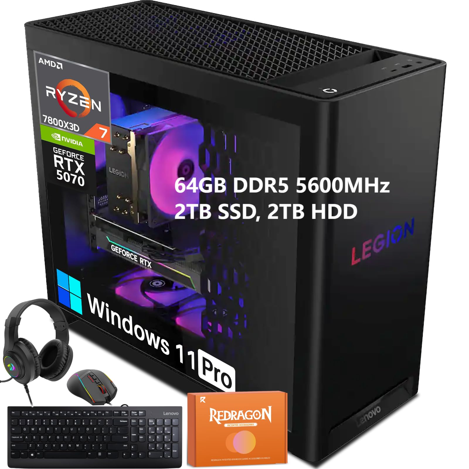 Lenovo Legion Tower 5 Gaming Desktop (2025), AMD Ryzen 7 7800X3D, 12GB GDDR7 NVIDIA GeForce RTX 5070, 64GB DDR5 5600MHz, 2TB SSD, 2TB HDD, Wi-Fi 6E,