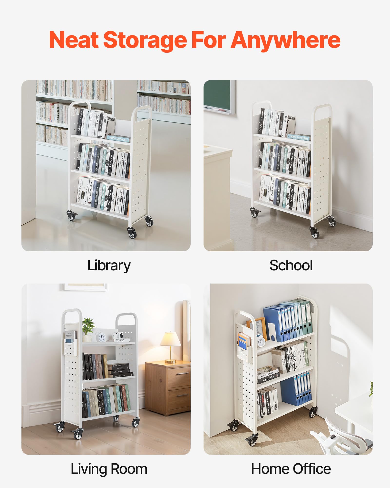 VEVOR Carrello Portalibri con Ruote 770 x 380 x 1220 mm Carrello Rotante Porta Libri, Carico 150 kg Ripiani a V Monofacciali con Ruote Bloccabili 7,6 cm per Scaffali di Casa, Ufficio e Scuola, Bianco