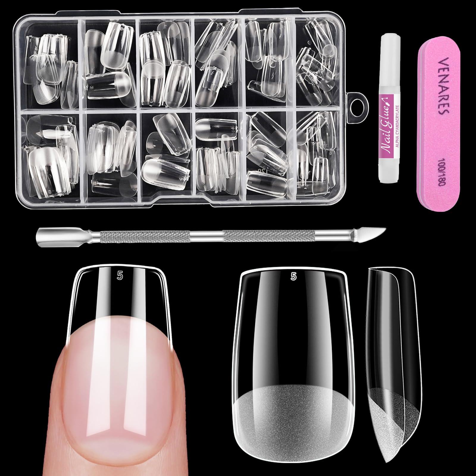Venares 120 Stück Nageltips Kurz für Gelnägel, 12 Größen Falsche Nagelspitzen Künstliche Nägel Tips für Gelnägel, Soft Gel Tips Nägel Set mit Kleber Feilen Nagelpuffer Nagelhautschieber