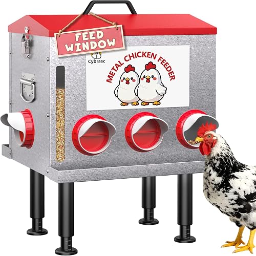 Cybrasc 10-Gallon Metal Automatic Chicken Feeder with 8 Ports, No-Waste Tray and See-Through Window