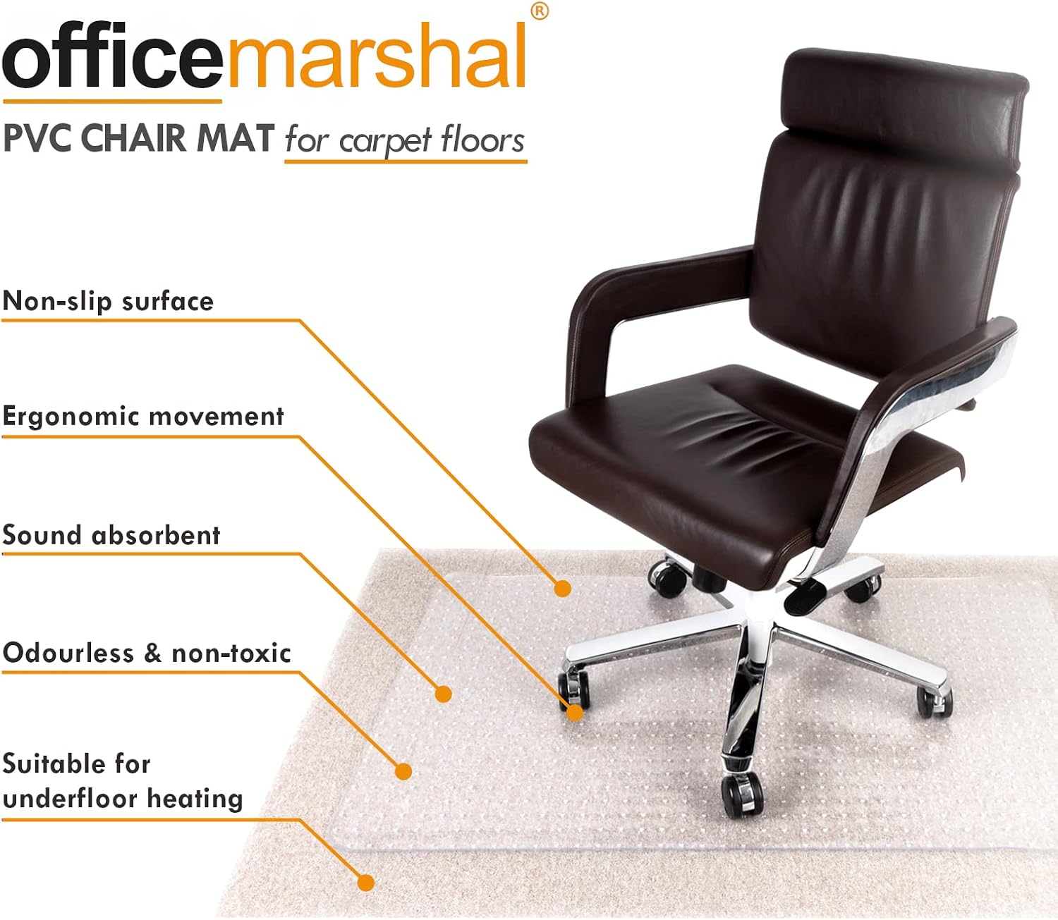 Office Marshal Chair Mat for Carpet Floors, PVC, Low/Medium Pile - 40" x 48", Multiple Sizes - Clear, Studded, Rectangular Carpet Floor Protection Mat