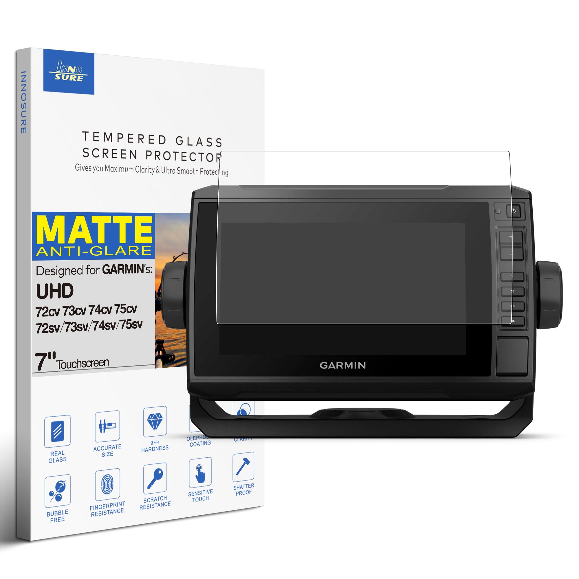 INNOSURE Tempered Glass Screen Protector for Garmin EchoMAP UHD & EchoMAP Plus 72cv 73cv 74cv 75cv & 72sv 73sv 74sv 75sv Chartplotter 7-Inch