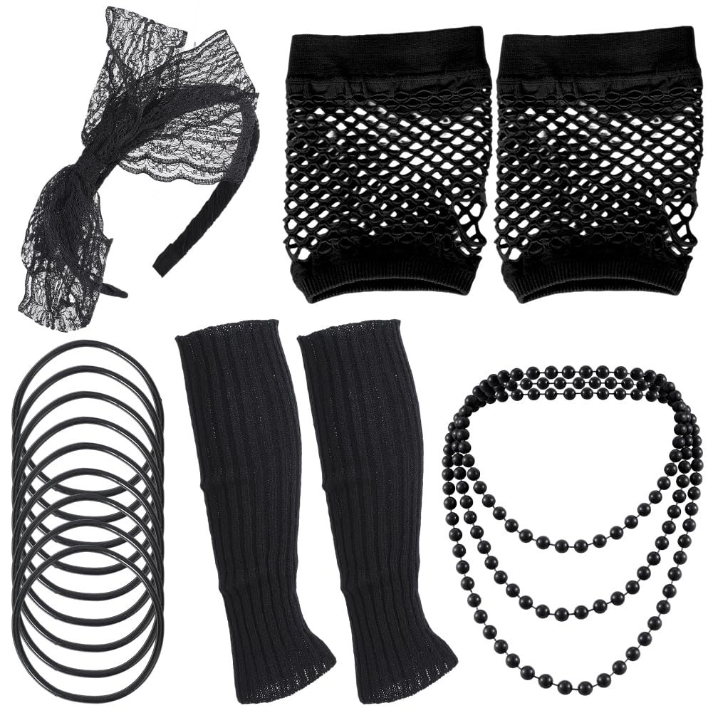 CABODYALS 16Pcs Black 80s Fancy Dress Costume Accessories Kits Lace Headband Fishnet Gloves Necklace Bracelet Leg Warmer Womens Outfit Jewellery Set for Women 80s Retro Party Prom Cosplay Halloween