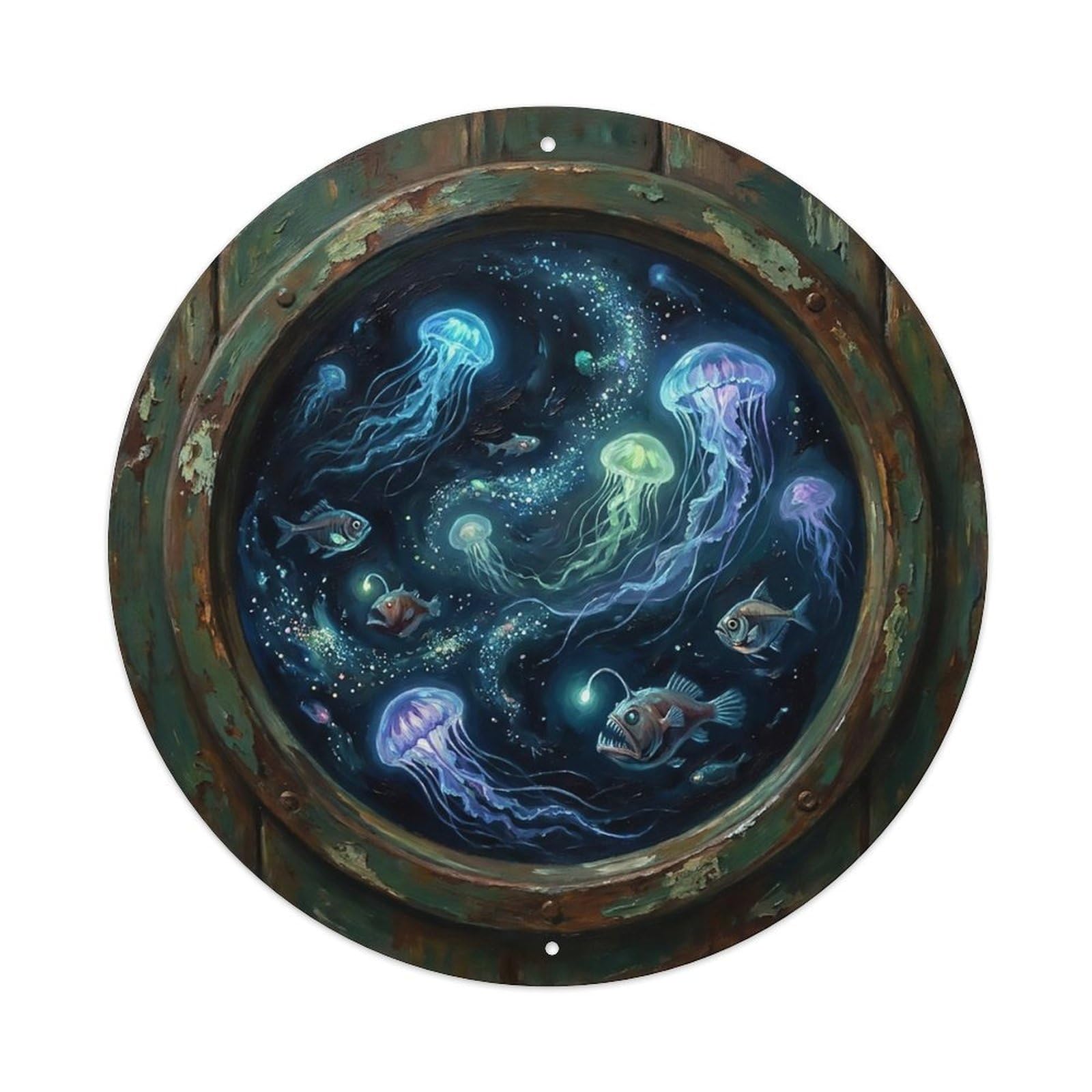Vintage Porthole Bioluminescent Ship Window Undersea Deep Sea Metal Tin Sign