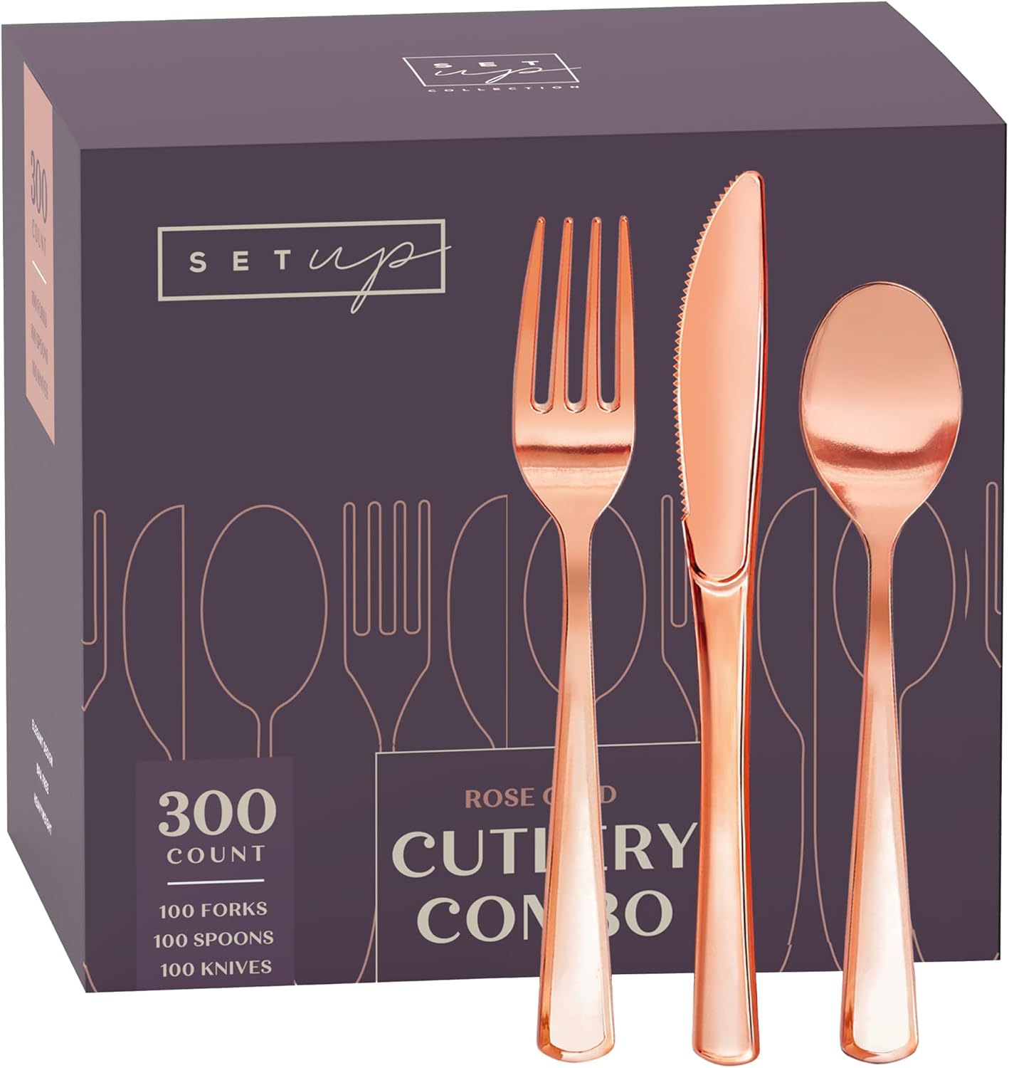 SETUP [300 Count] Disposable Silverware, Rose Gold Combo Cutlery - 100 Forks, 100 Spoons, 100 Knives - Heavy Duty, and Durable Rose Gold Plastic Silverware Set Great for Parties, Events, Everyday use