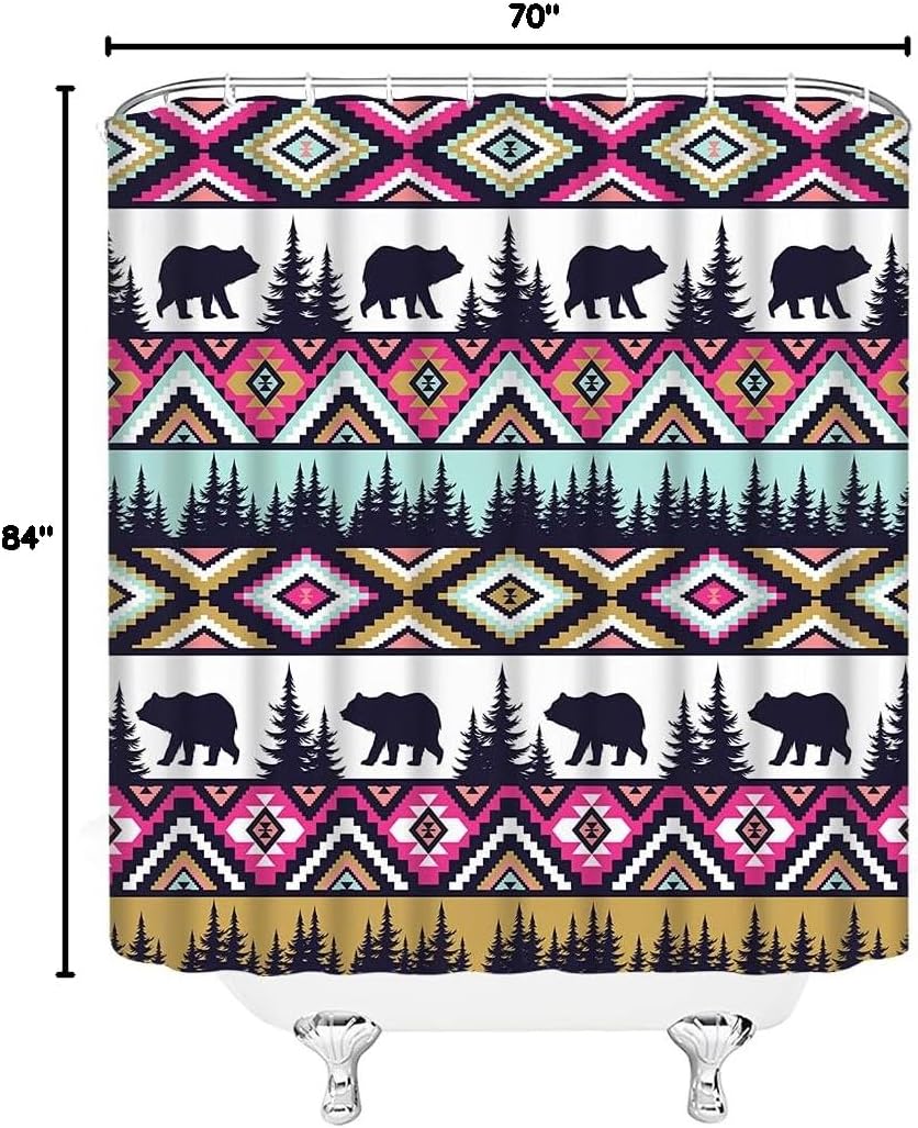 Rustic Bear Shower Curtain Cabin Wild Animal Bear Tree Safari Aztec Navajo Native American Western Farmhouse Hunting Camping Retro Fabric Bathroom Sets with Hooks