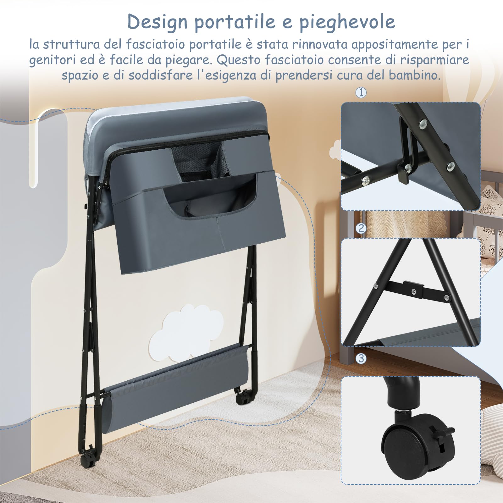 WOLTU Fasciatoio per Neonati Pieghevole e Portatile, Fasciatoio con Ruote Bloccabili, Cestino, Barra e Ripiano Inferiore, Tessuto Oxford, Grigio