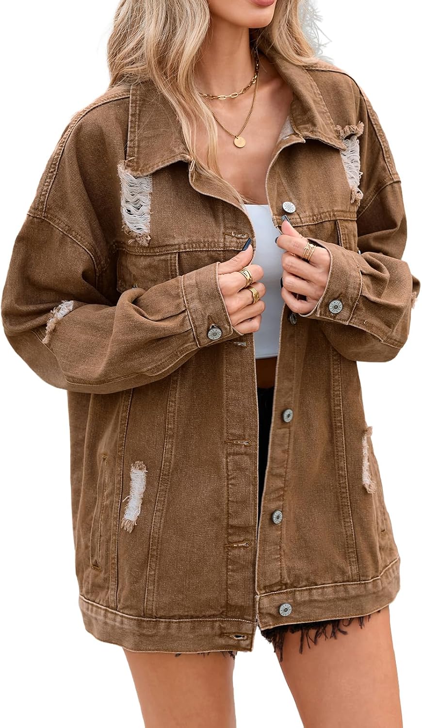 LifeShe Women's oversized Jean Jacket distressed denim Coat with Pockets