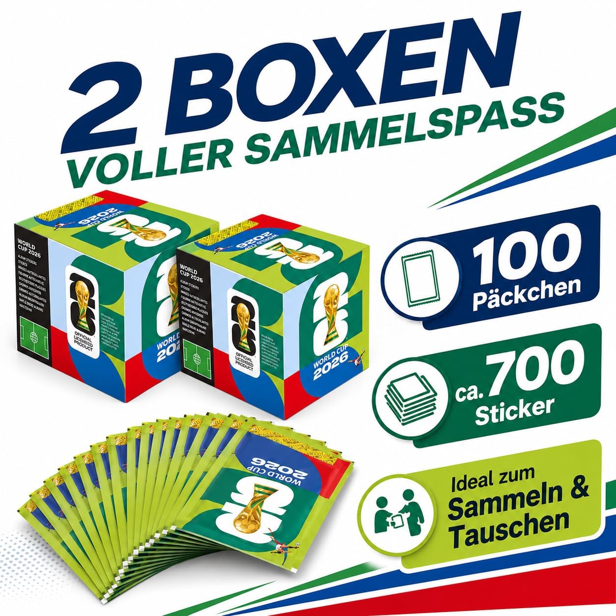 WM 2026 Sticker Super-Pack – 100 verschlossene Tüten (700 Aufkleber) mit exklusiven farbigen Parallel-Editionen | Fanartikel Set für Sammler und Fußballbegeisterte