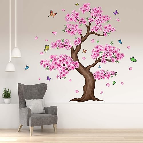 PinkEleph Calcomanías de pared grandes de árbol de flores rosadas, calcomanías de pared de árbol floral de flores rosadas, dormitorio, sala de