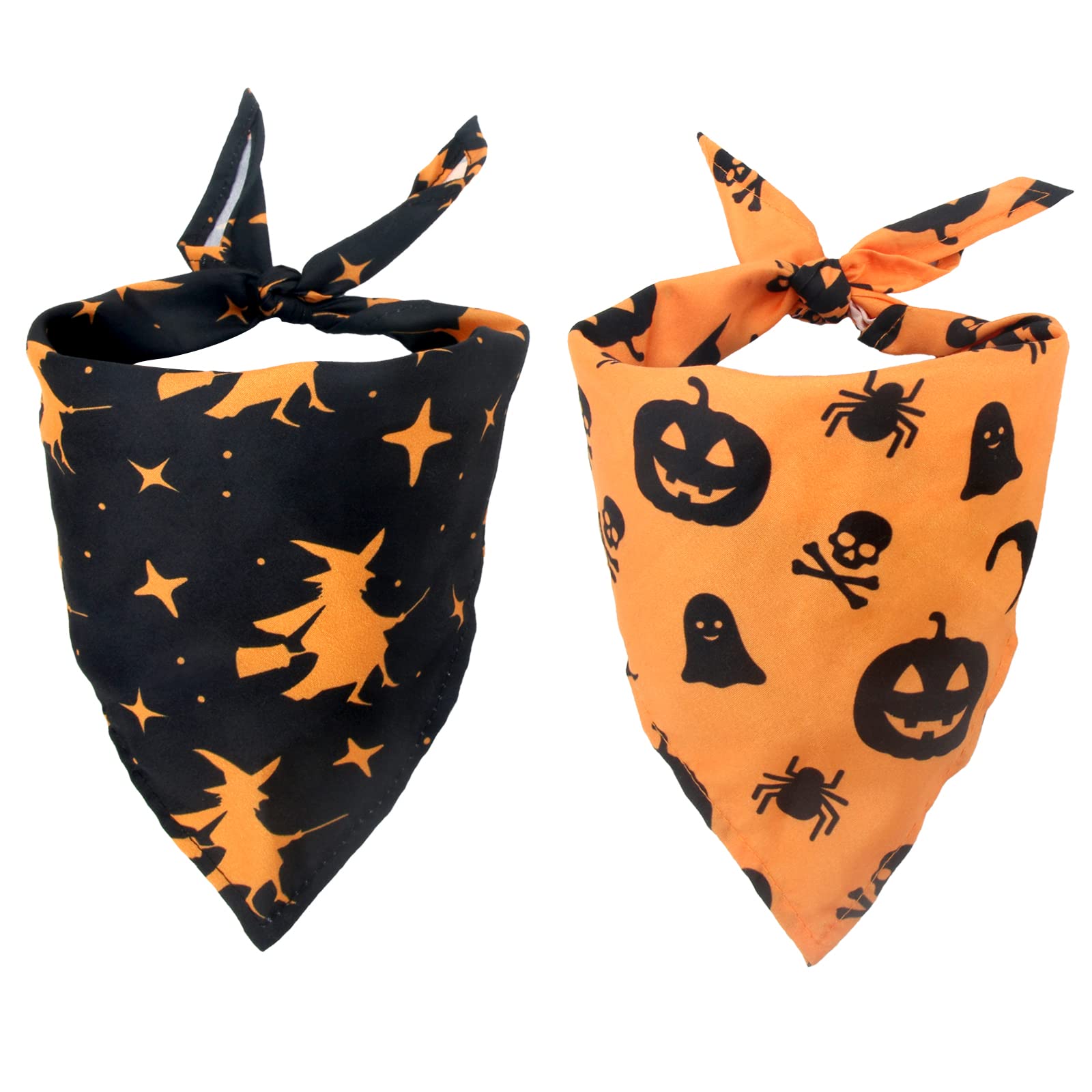Halloween Dog Bandanas, 2pcs Washable Halloween Witch Pumpkin Pattern Dog Scarf, Adjustable Triangle Cat Dog Neckerchief, Halloween Pet Costume Accessories for Puppy Small Medium Large Dogs