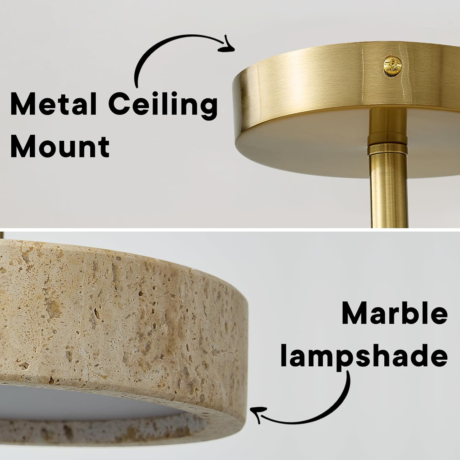 Wabi Sabi 8-inch Yellow Travertine Ceiling Light Fixture - Japanese Semi Flush Mount light with Brushde Gold Metal Base, Hardwired Stone Lamp for Bathroom, Kitchen, Bedroom, Hallway & Entryway