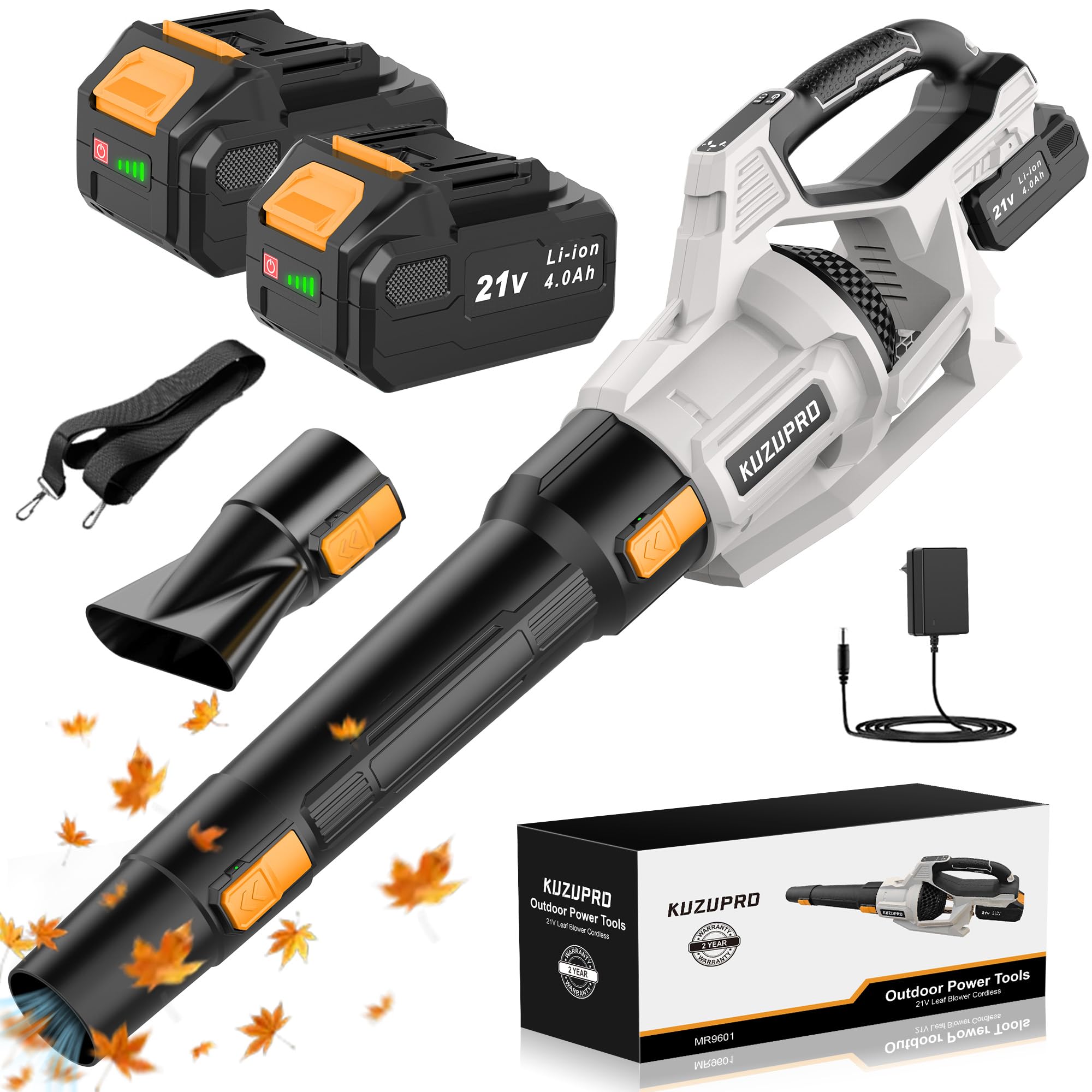 21V Soffiatore a Batteria, KUZUPRO Soffiatore Foglie Elettrico con 2 Batteria da 4,0Ah, 2 Ugelli, 3 Velocità Regolabili, Tracolla per Foglie, Neve, Polvere e Detriti