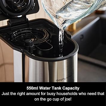 Morphy Richards Tazza Pour & Go, Single Cup Coffee Machine, Includes Travel Mug, Bean To Cup, 35g Integrated Grinder, Easy Operation, Coffee On The Go, 900W, Stainless Steel, 162105