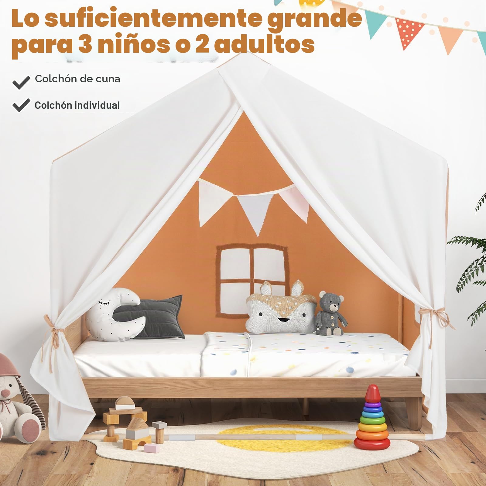 HOMASIS Tienda de campaña Infantil de Interior, Tienda de Juego con colchoneta y Cortina y Banderas, casita de Juego de Estructura de Madera para niños de 3+ años, 131 x 91 x 131 cm (Marrón)