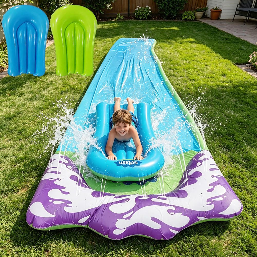 Lane Slip and Slide, Water Slide Mat with 2 Bodyboards, Slip and Slide Water Slide, Lawn Water Slides with Build in Sprinkler for Summer Outside Outdoor Water Play Toys (Single)