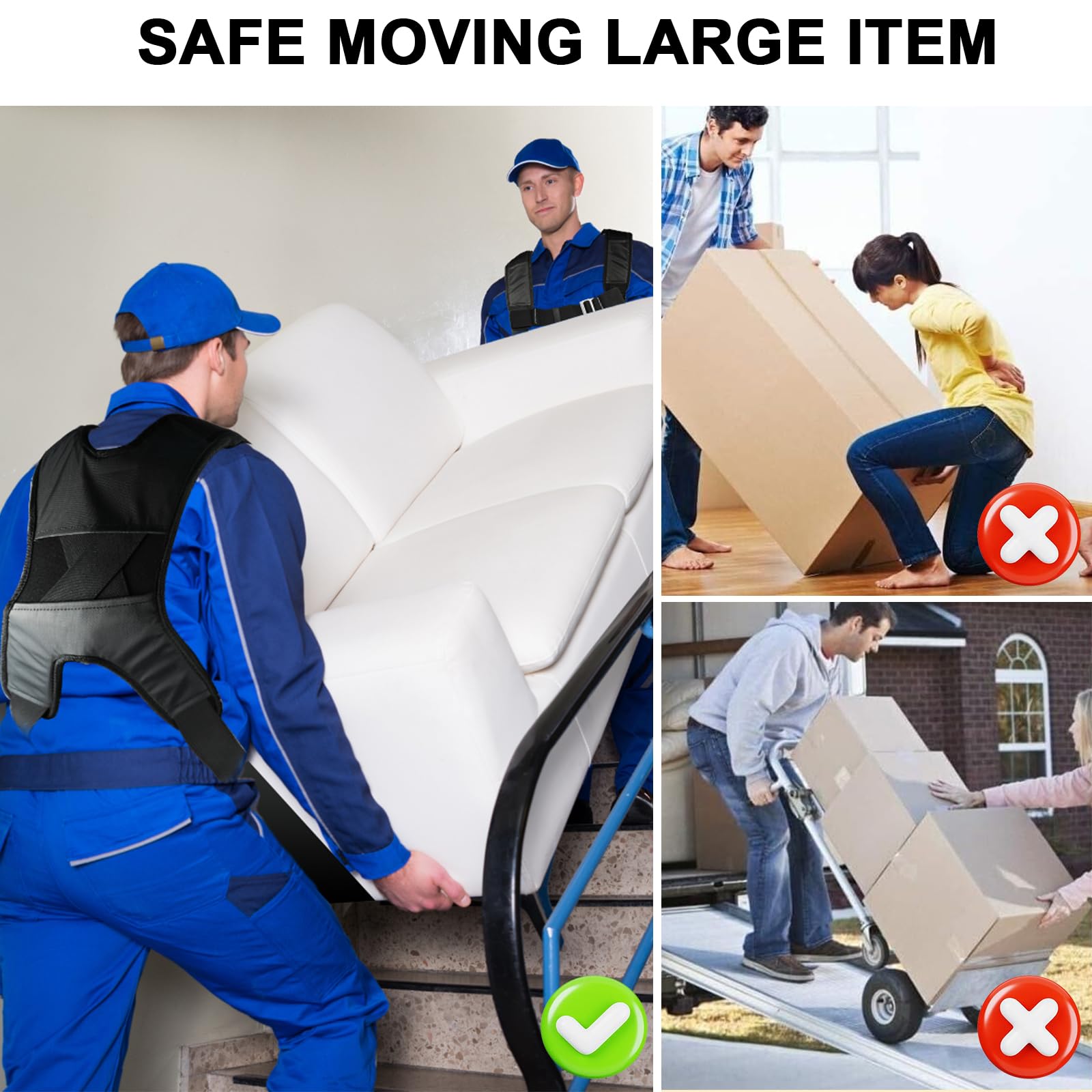 Correas de movimiento con hebilla de pecho, correas de elevación para 2 mudanzas, correas de movimiento de hombro para muebles con correas de elevación para 1 persona, ajustables y fáciles de levantar
