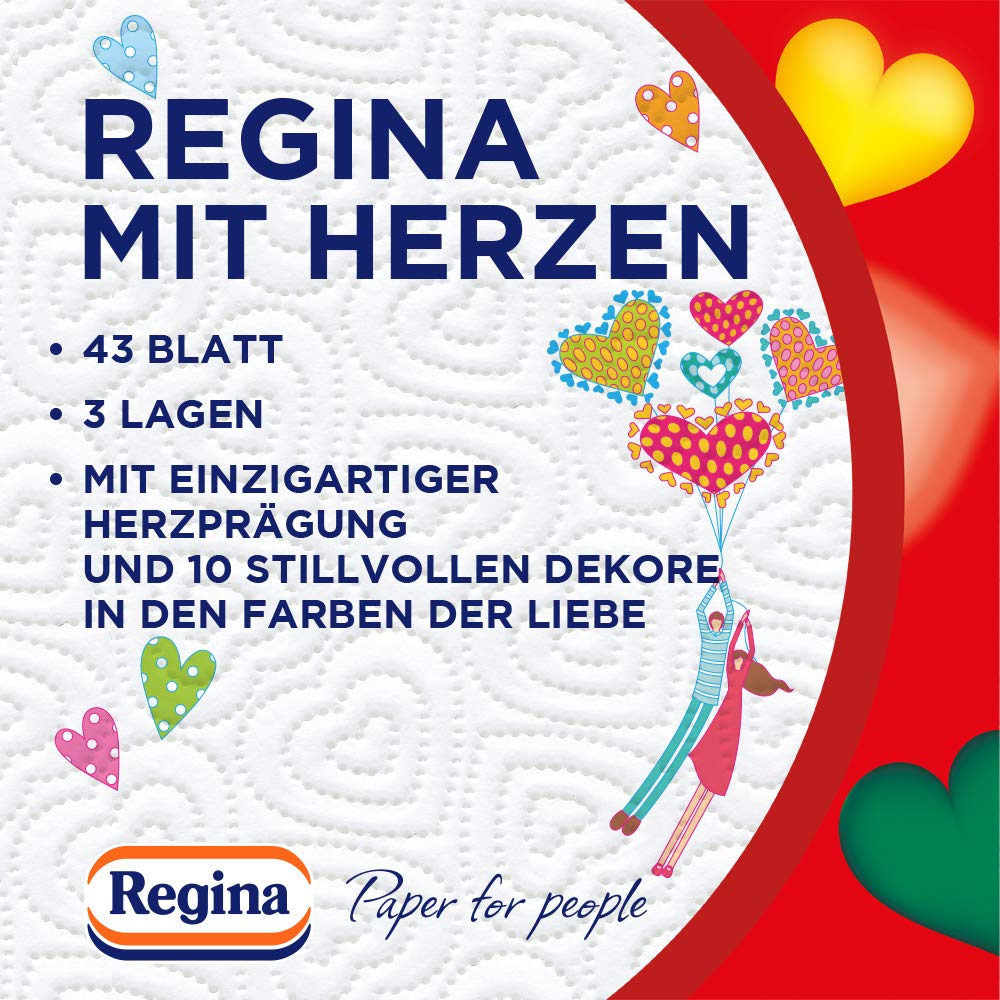 Image secondaire de Regina avec cœurs, 32 Rouleaux, 43 Feuilles, 3 Couches, Super Absorbant, 10 décors aux Couleurs de l'amour, 100% Cellulose, cert