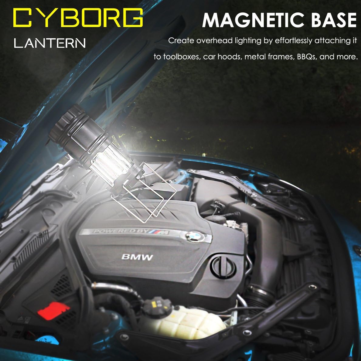 BLITZU Optimus G100 LED Camping Lantern attached to a car hood via its magnetic base