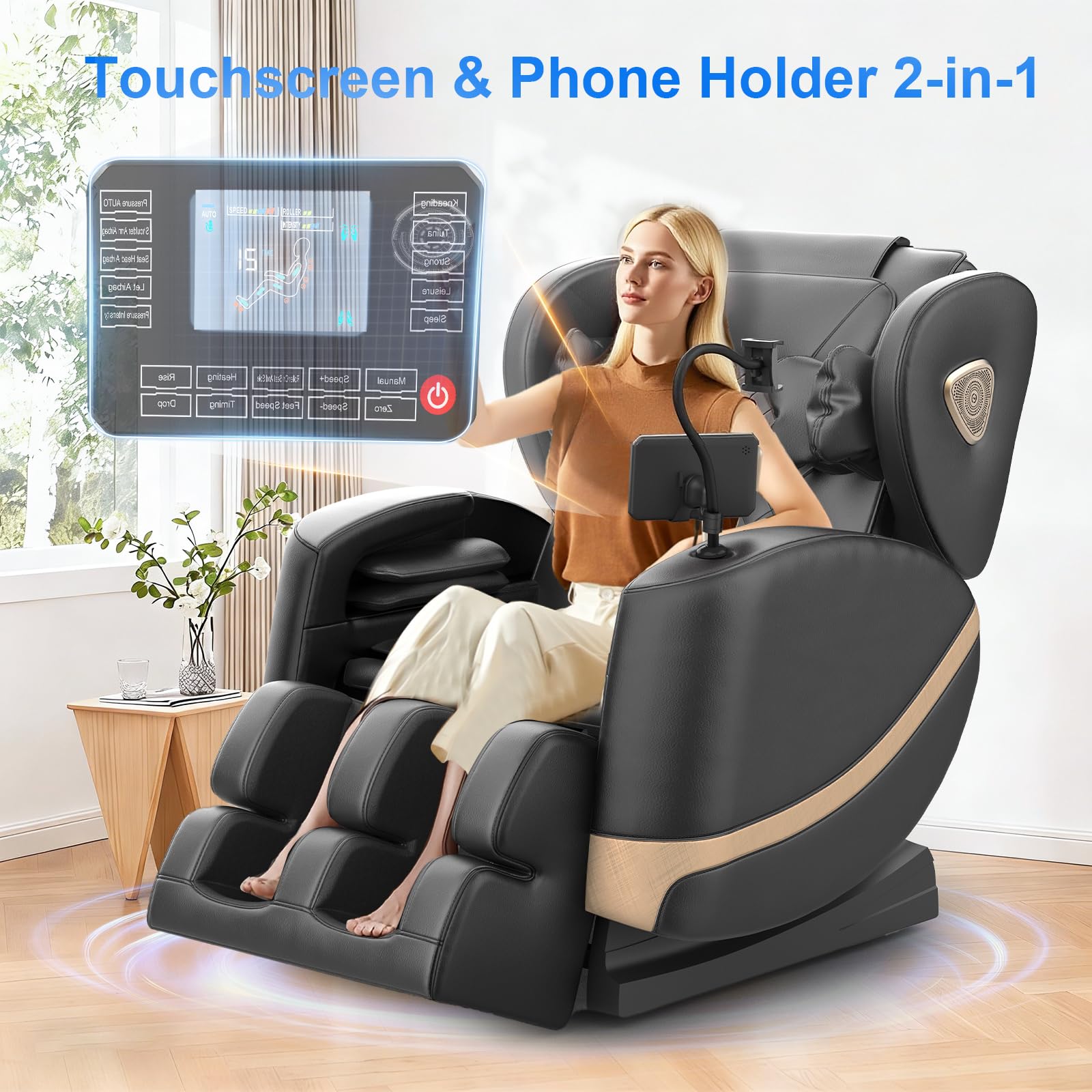 Massagesessel, Ganzkörper-Massagesessel mit Zero-Gravity, 14 Rollen und 8 Komfort-Airbags, Mit Heizfunktion für Taille und Beine Fußmassage, Bluetooth-Player und 2-in-1 Touchscreen (Schwarz)