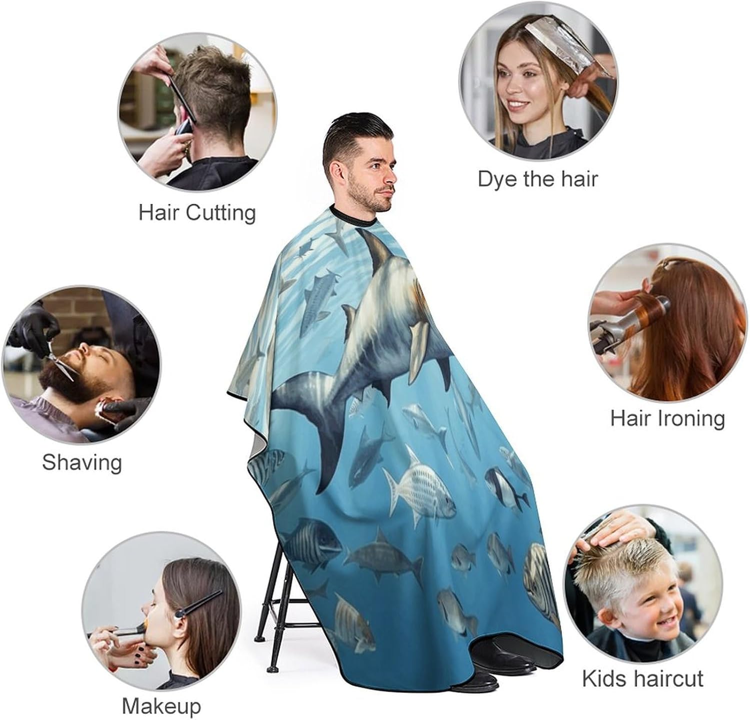 Ocean Fish Apron for Women Men,Barber Cape with Adjustable Snap Closure,Hair Cutting Cape,66.9 X 56.7 Inches for Hair Dye, Comb-out, Styling, Shampoo