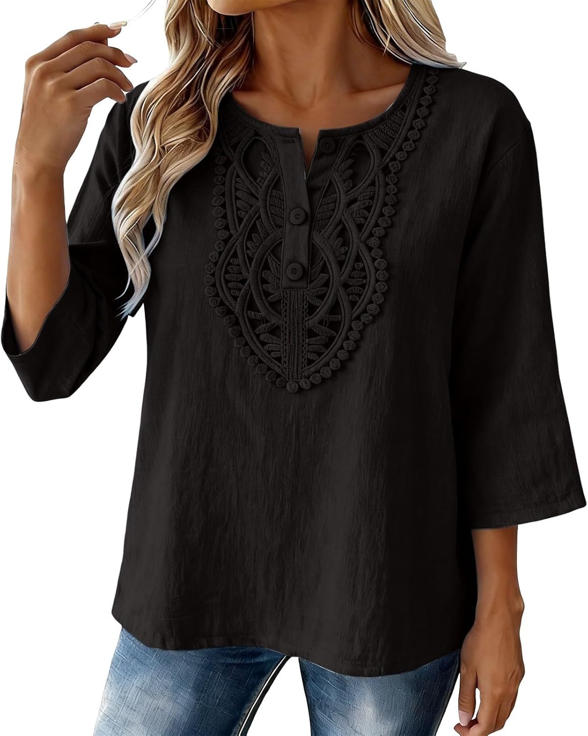 Womens 3/4 Sleeve Tops Cotton Linen V Neck Casual Loose Fit Henley Shirts Fashion Lightweight Boho Peasant Blouses